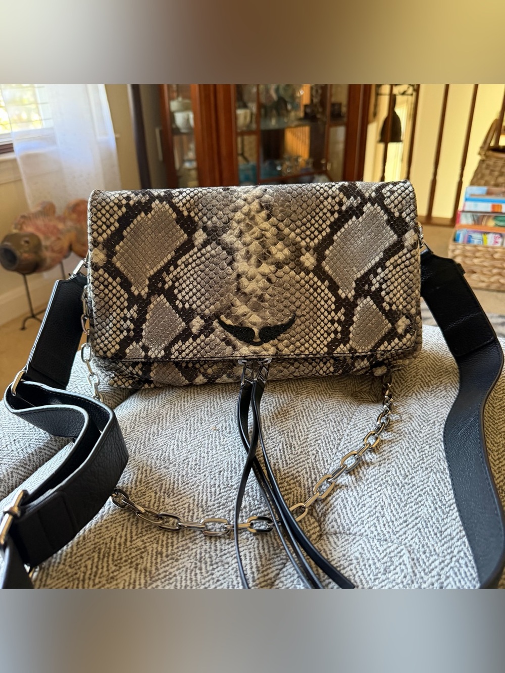 Zadig & Voltaire Python-Print Chain Crossbody in Black and Cream